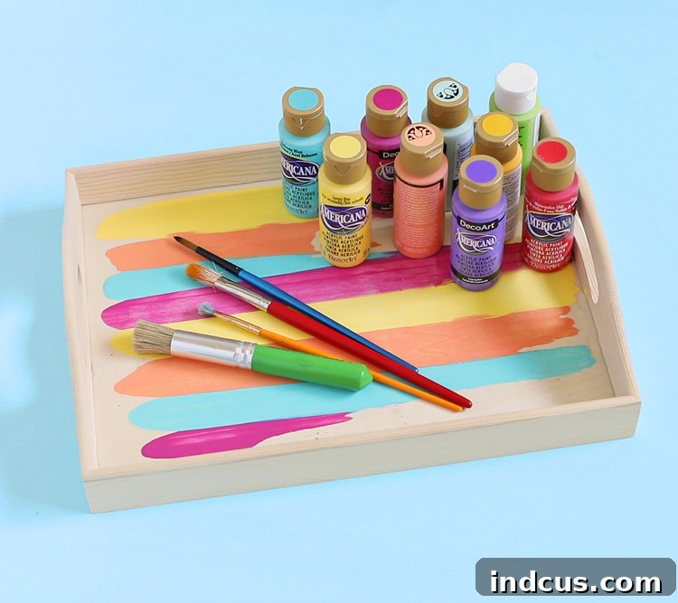 Textural Paintscapes 5 Decorative wooden tray featuring joyful, scraped paint streaks in various colors.