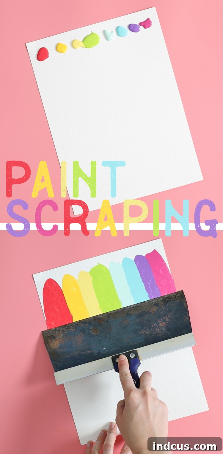 Textural Paintscapes 6 Step-by-step image showing paint being scraped across a surface, revealing colorful streaks.