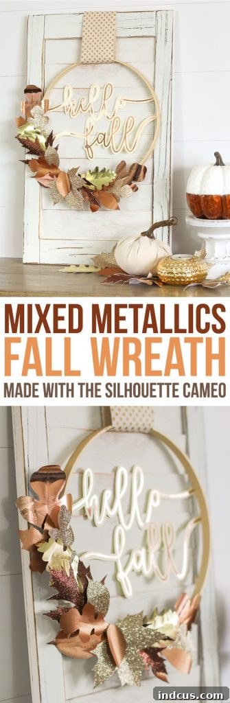Create a beautiful mixed metallic fall wreath from scrapbook paper and rose gold vinyl cut with a Silhouette Cameo machine. A stunning DIY fall decor project.