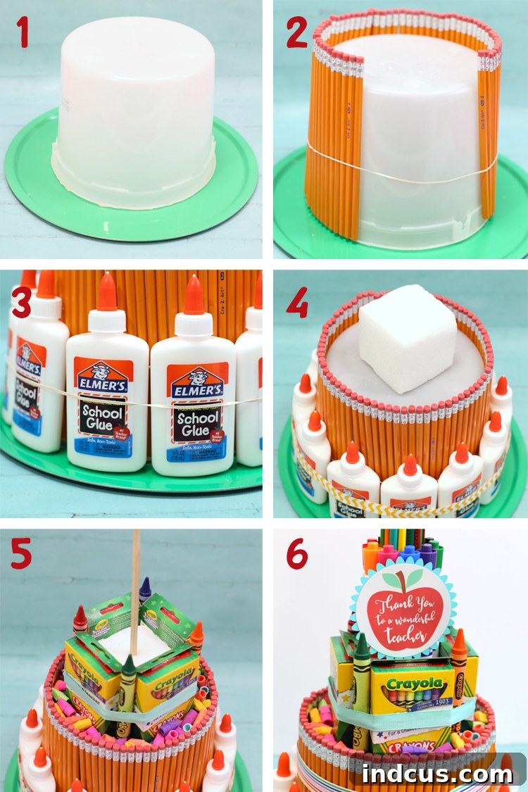 Detailed steps for assembling a DIY school supply cake