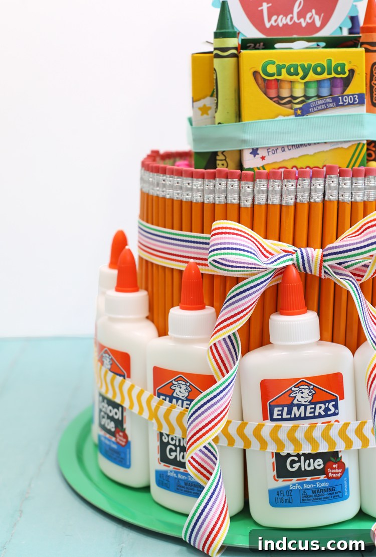 Completed school supply gift for teachers, ready to be presented