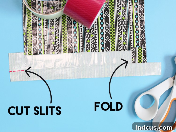 Cutting slits in duct tape for a neat fold