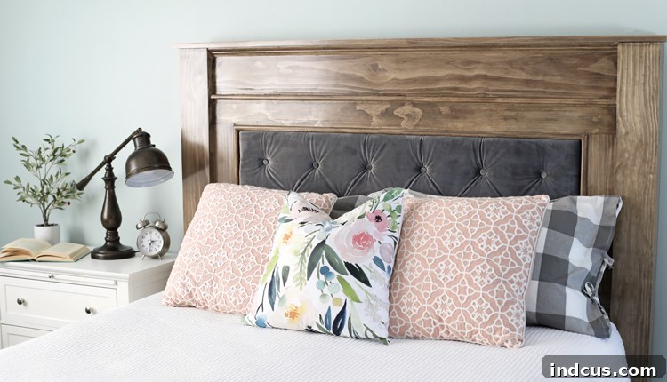 Finished custom wood and velvet tufted headboard