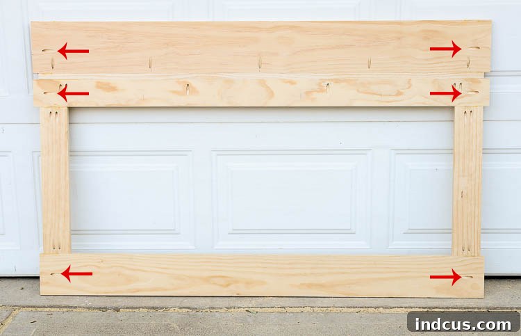 Back view of the assembled center panel frame for the headboard