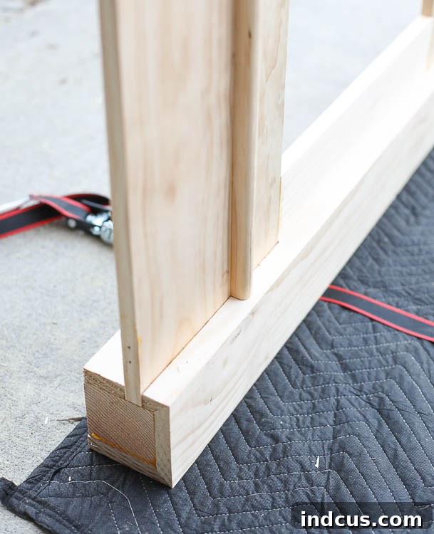 Sliding the center panel into the mortises of the headboard post