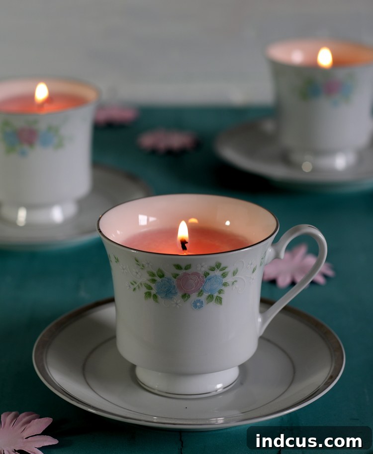 Close-up of a finished handmade teacup candle.