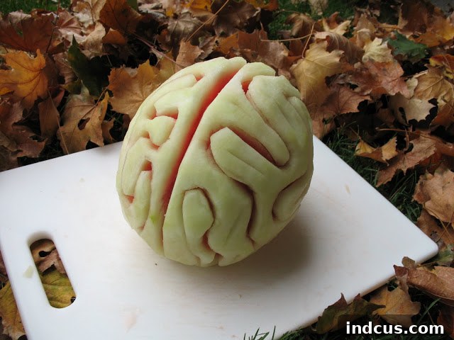 Carved watermelon resembling a human brain, a unique and gruesome Halloween centerpiece