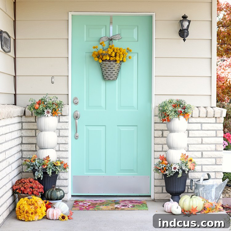 Beautiful fall porch decorated with DIY pumpkin topiaries and other autumn elements