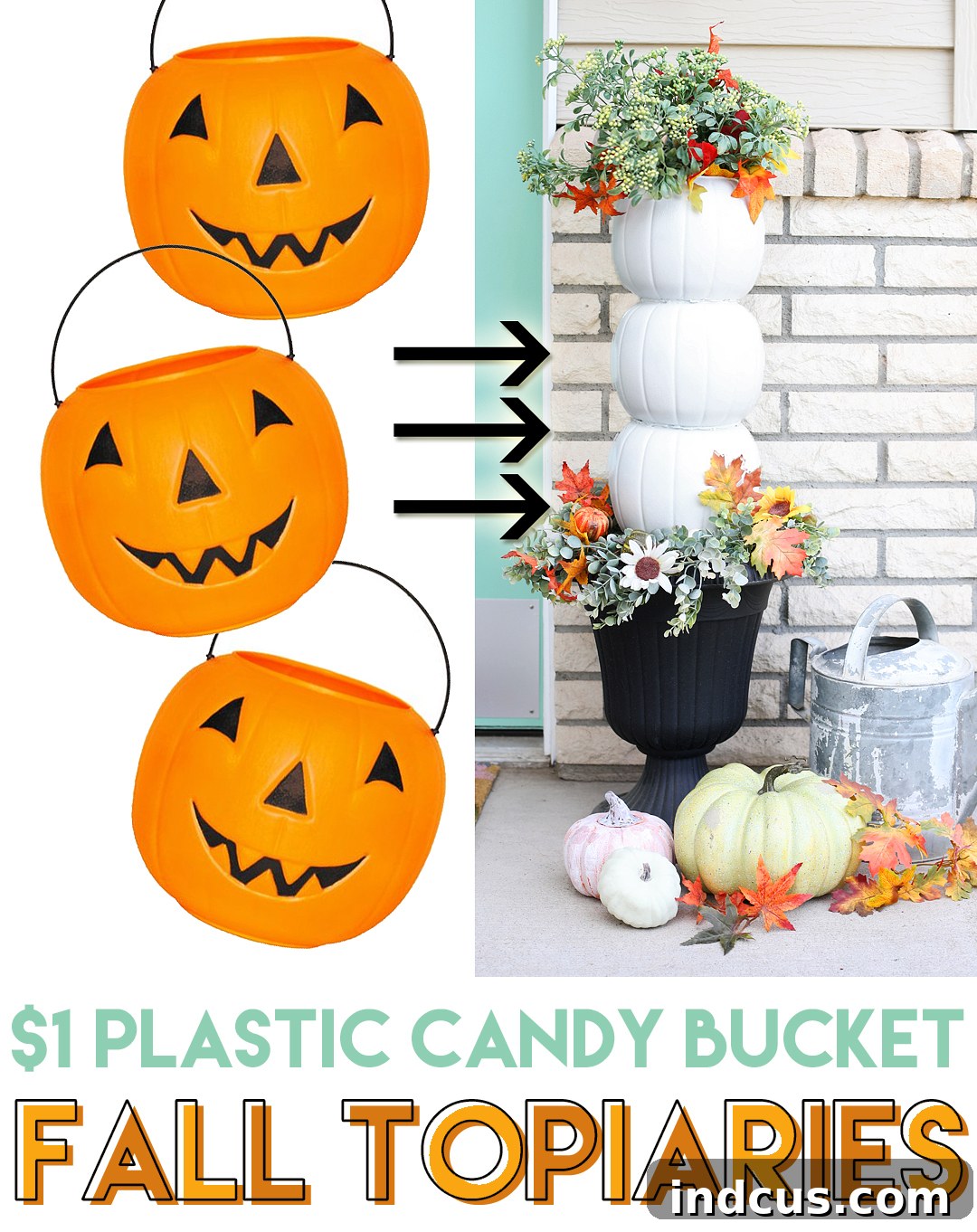 Pinterest-friendly image featuring dollar store plastic candy bucket fall topiaries