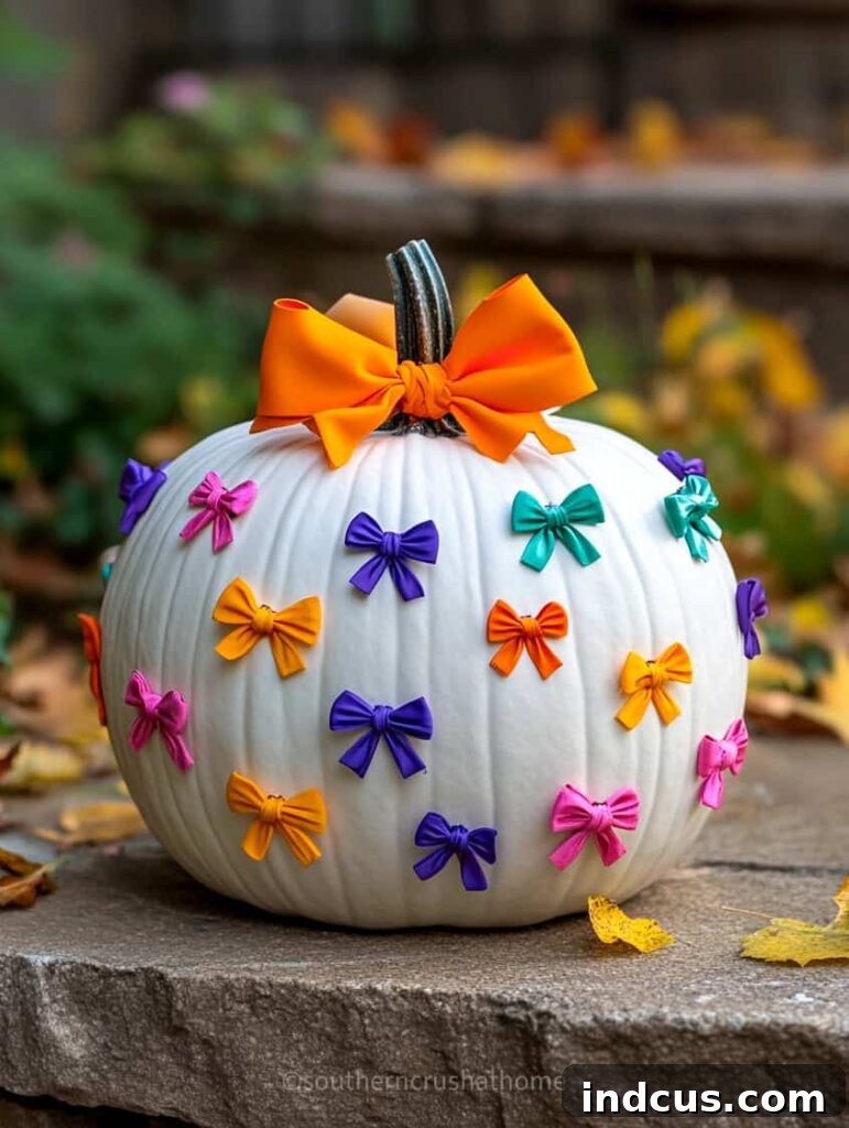 Coquette style bow painted pumpkin