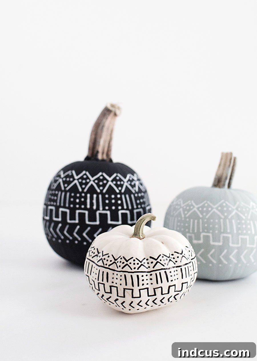 Mudcloth painted pumpkins with boho patterns