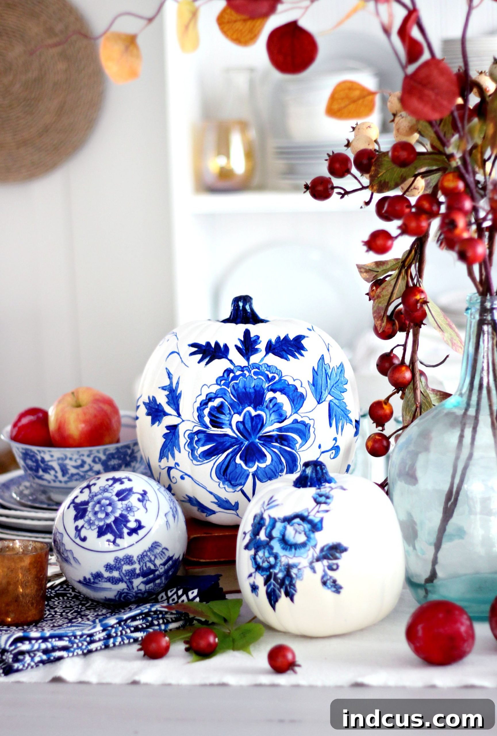 Blue and white porcelain painted pumpkins