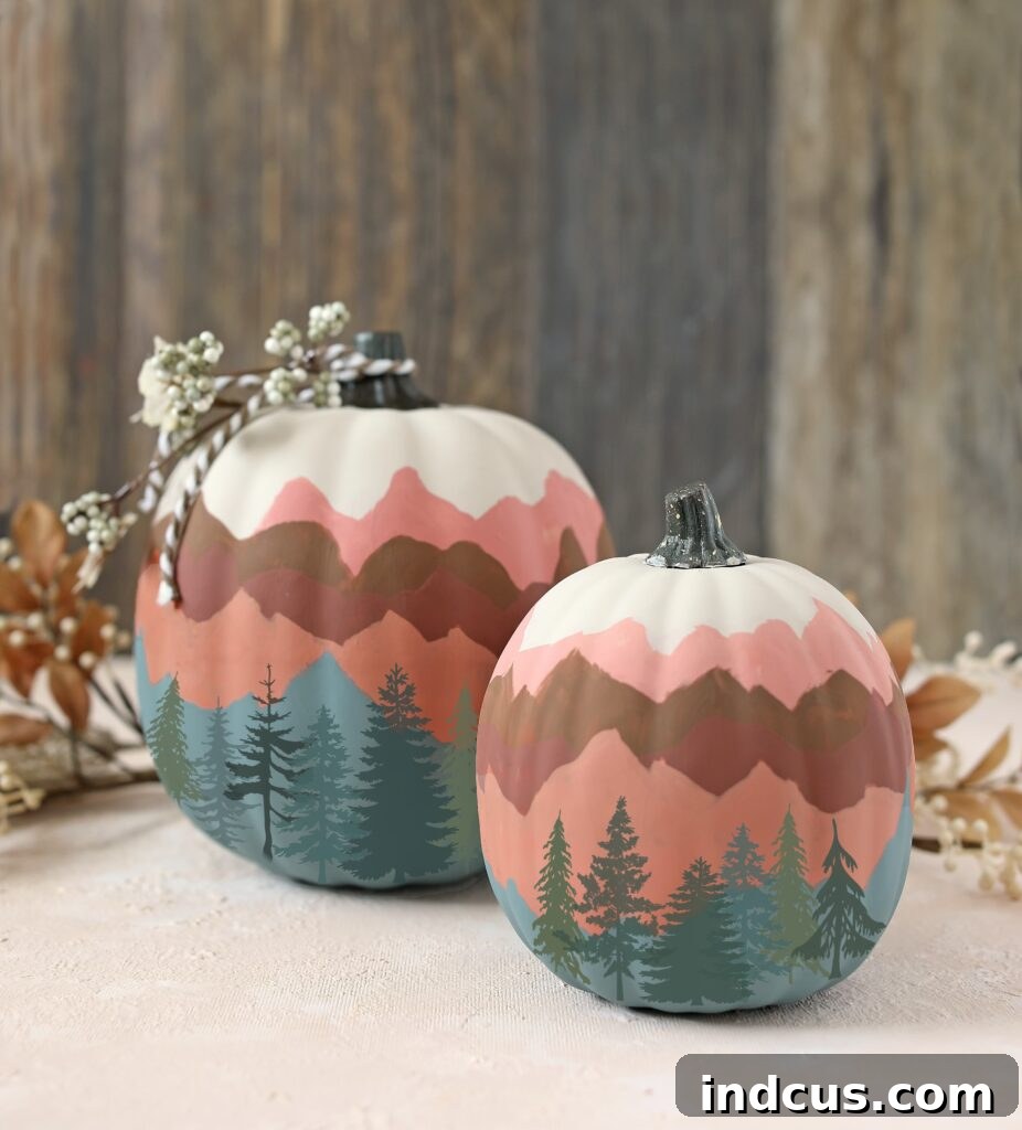 Mountain landscape painted pumpkins with stenciled trees