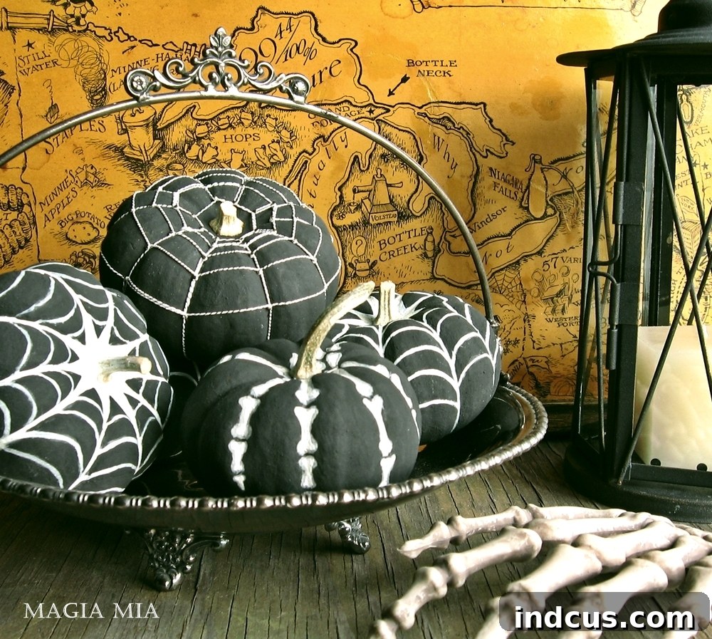Spooky black and white painted pumpkins for Halloween
