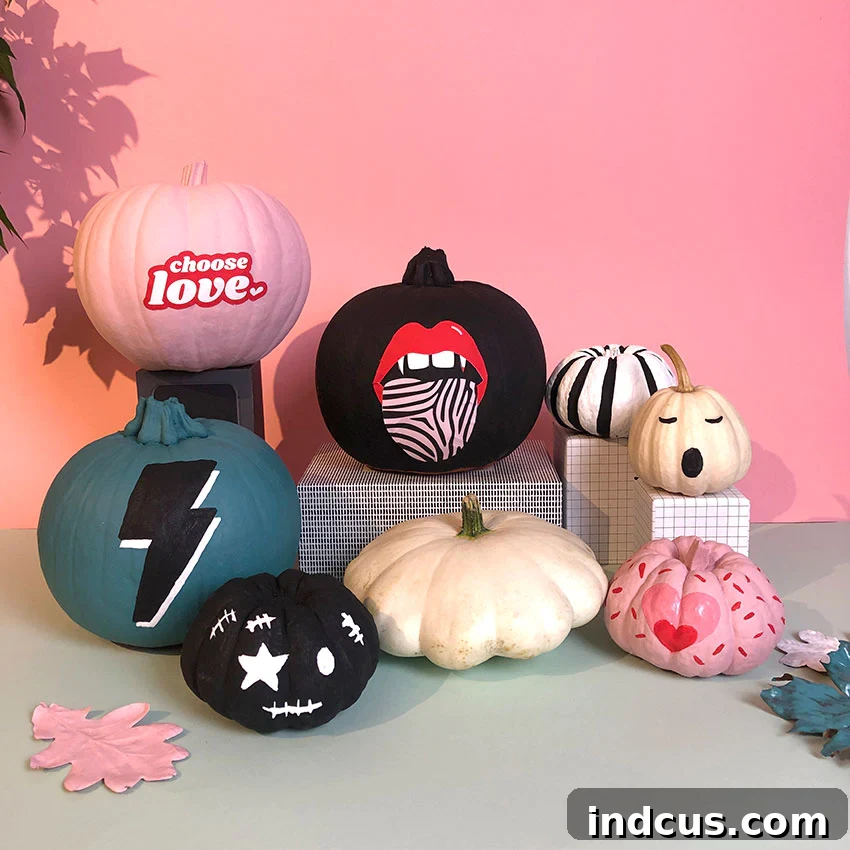 Rock and roll painted pumpkins with bold designs