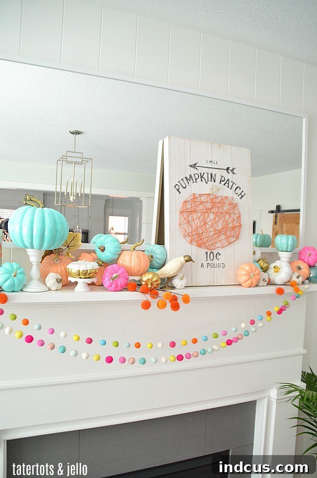 Colorful painted pumpkins for fall mantel decor
