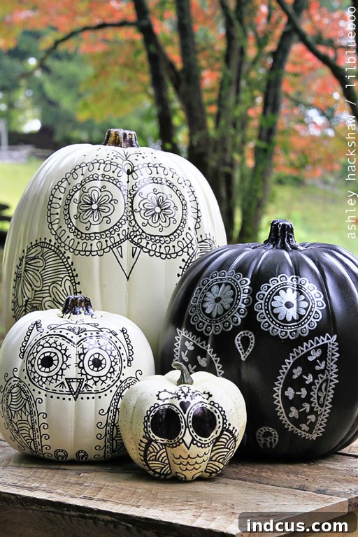 Sharpie owl painted pumpkins with mandala-inspired designs