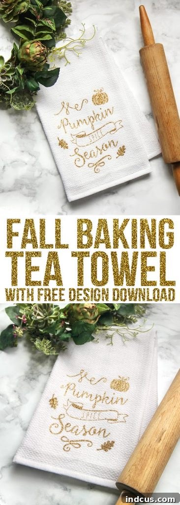A beautifully crafted 'Pumpkin Spice Season' tea towel made with glitter heat transfer vinyl, perfect for fall kitchen decor. Hashtags: #fallcrafts #diydecor #teatowel #glitterhtv #silhouettecrafts #cricutprojects