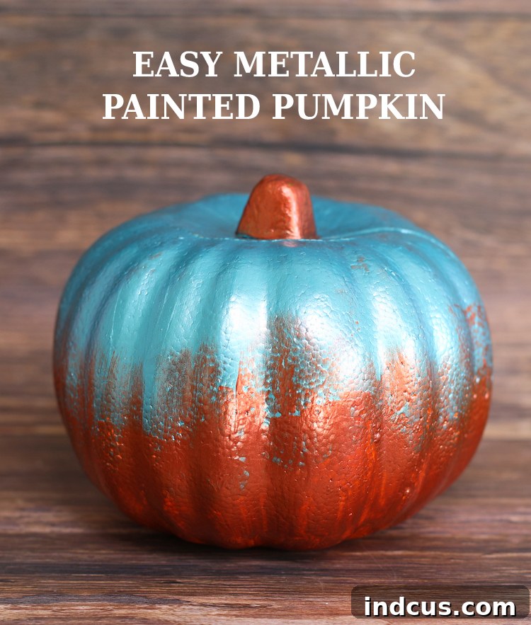 Pumpkin's Metallic Makeover 4 Easy painted pumpkin with metallic copper and blue blend, ready for fall decor