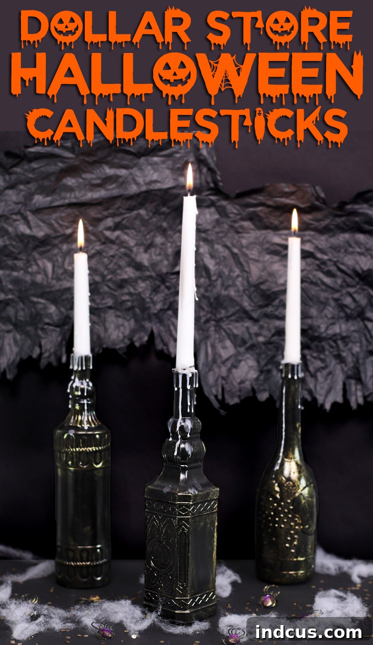 Close-up of a DIY spooky Halloween candle holder featuring intricate raised designs, a dark finish, and artfully melted wax drips, enhancing its antique appeal.