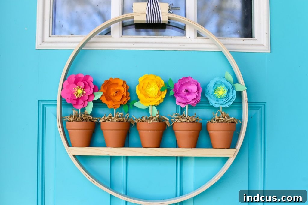 Unique mini flower pot spring wreath idea with paper flowers