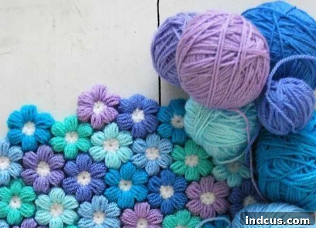 Crochet puff stitch flower pattern for blankets and decorations