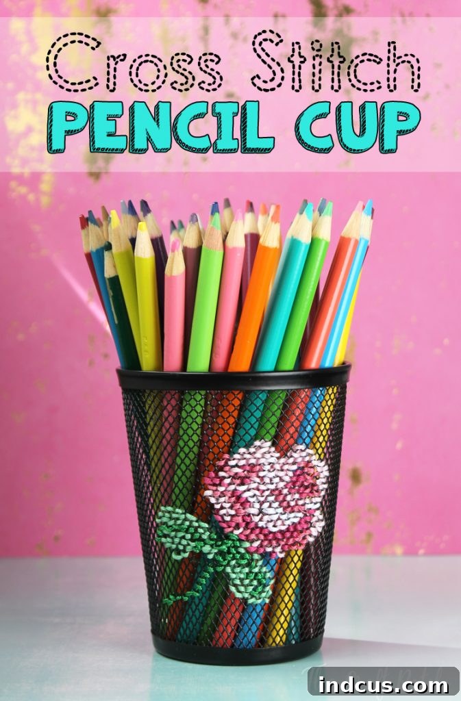 Unique cross stitch embroidered floral pencil cup DIY