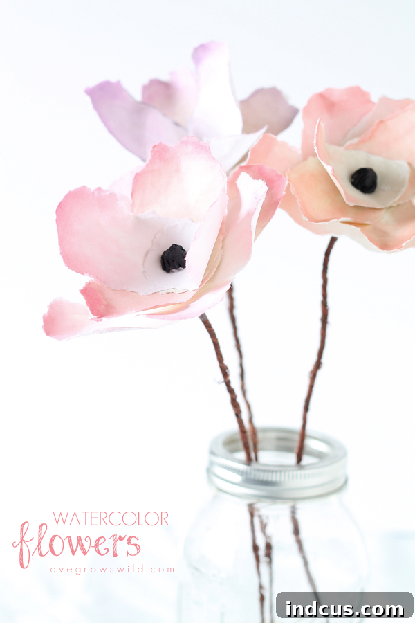 Watercolor flowers tutorial, transforming painted paper into 3D flowers