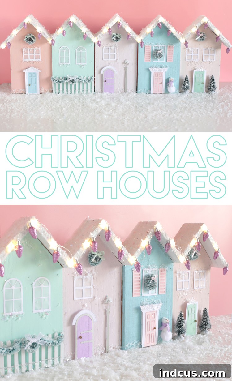 A stunning Pinterest-friendly image promoting the miniature Christmas row houses DIY project, encouraging users to pin it for later.