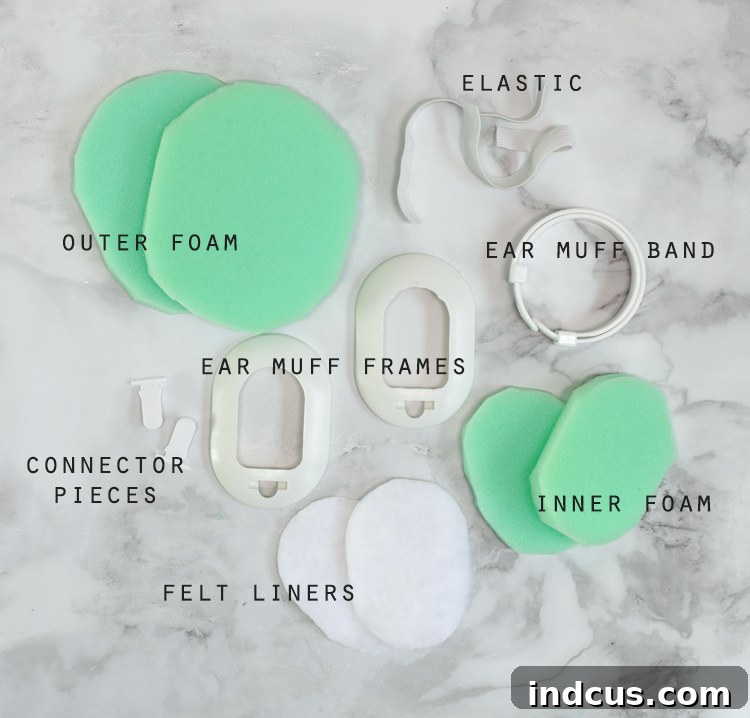 Components of a DIY ear muff kit laid out, including frames, foam, and connectors