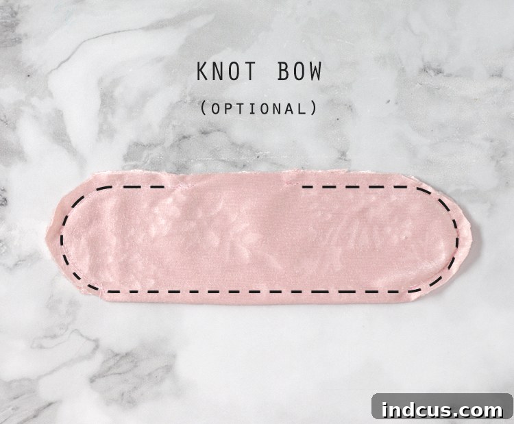 Step-by-step instruction for sewing a small fabric knot bow for ear muff decoration