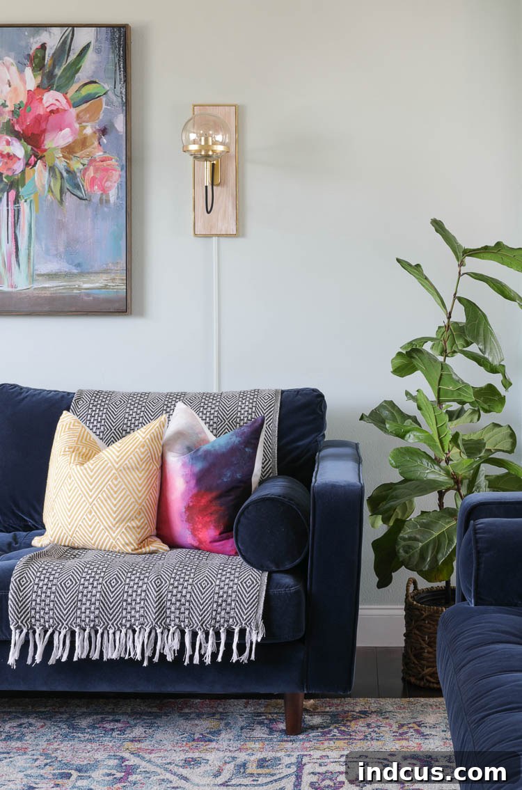 Overall view of the beautifully redecorated living room with Article Sven sofas