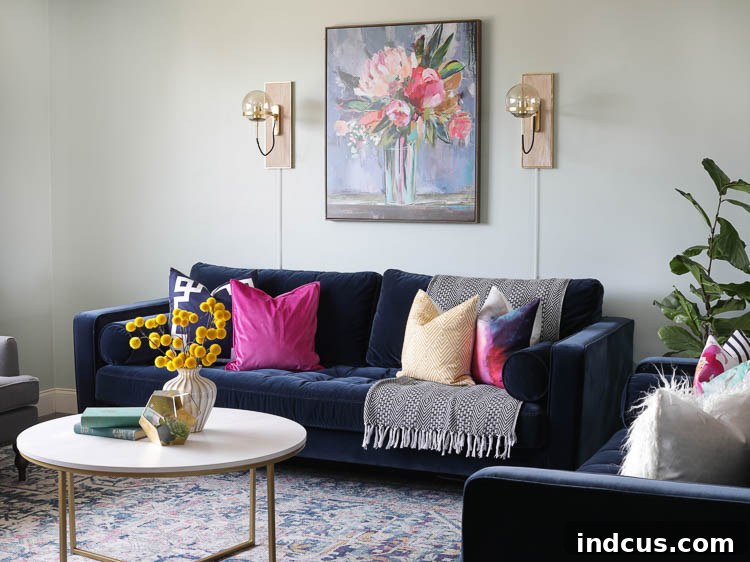Close-up of the stylish Article Sven navy velvet sofa in a modern living room