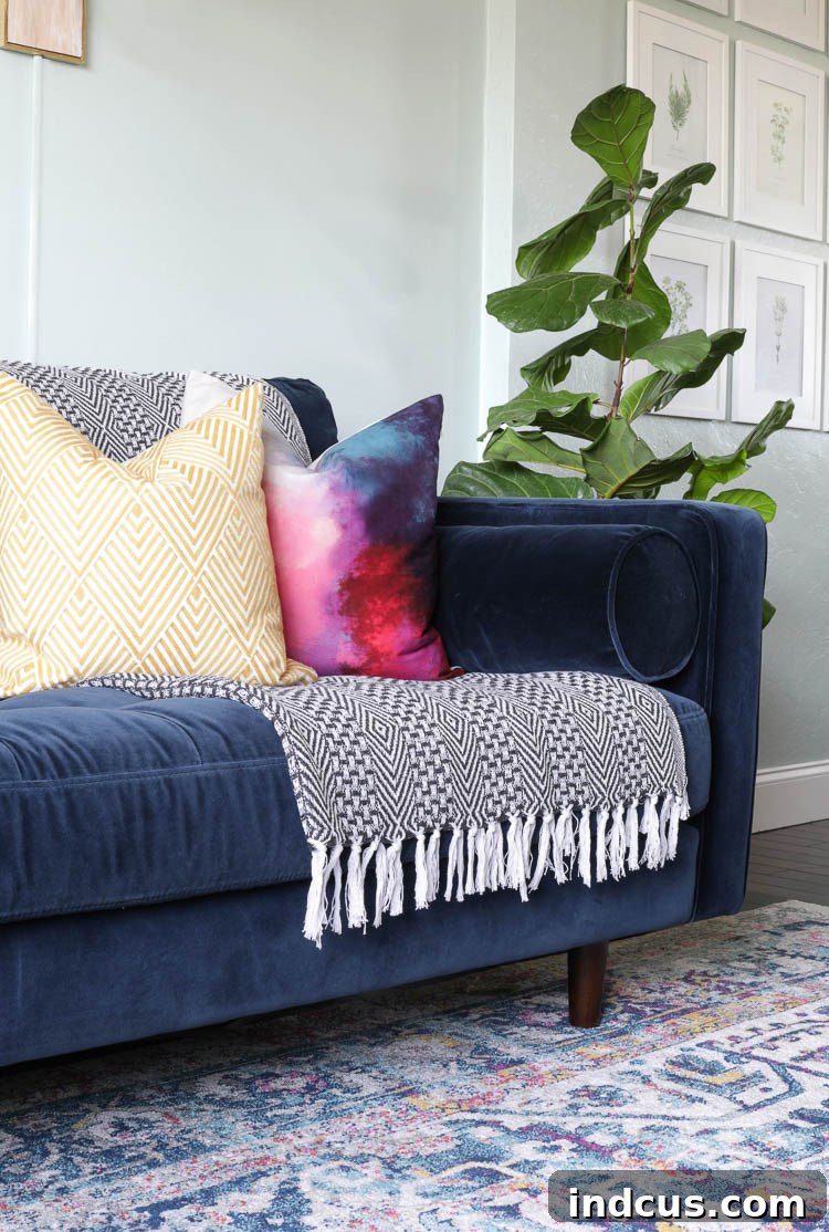 Detailed shot of the Article Sven sofa showing soft velvet texture and comfort