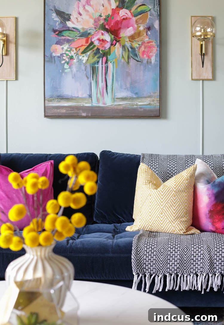 Full view of the vibrant and sophisticated modern living room makeover
