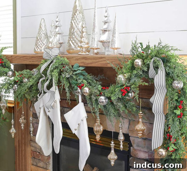 christmas fireplace decor with neutral and glam elements