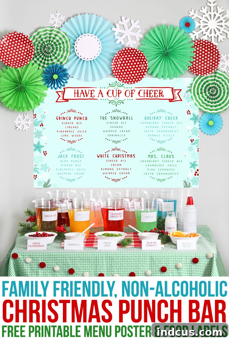 Pinterest graphic: Easy non-alcoholic Christmas party punch bar with free printables for holiday entertaining