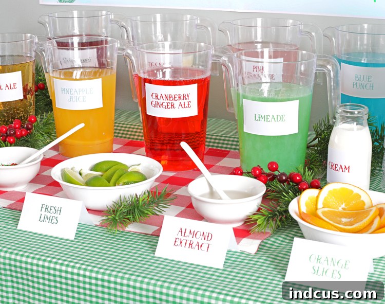 Assortment of vibrant non-alcoholic mixed holiday drinks, ready for a Christmas party