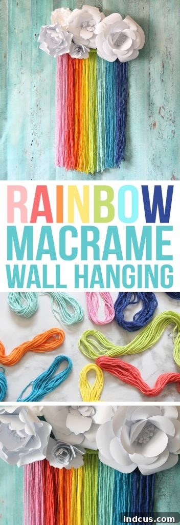 This easy rainbow craft features a rainbow yarn macrame wall hanging topped with paper flower clouds, creating a delightful and whimsical decorative piece.