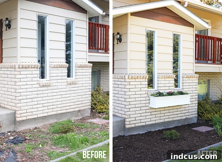 Before and after comparison of a house exterior with a newly installed window box