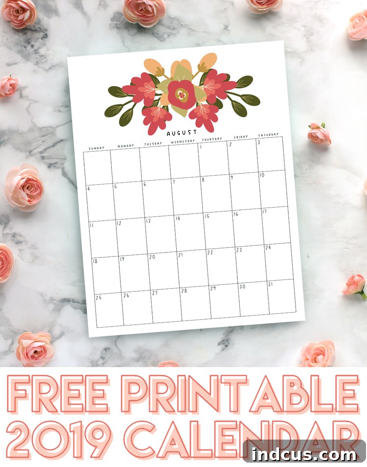 Get Your Free Printable 2019 Holiday Calendar 4 Pinterest graphic for free printable 2019 floral calendar, encouraging users to save and share this valuable organizational tool.