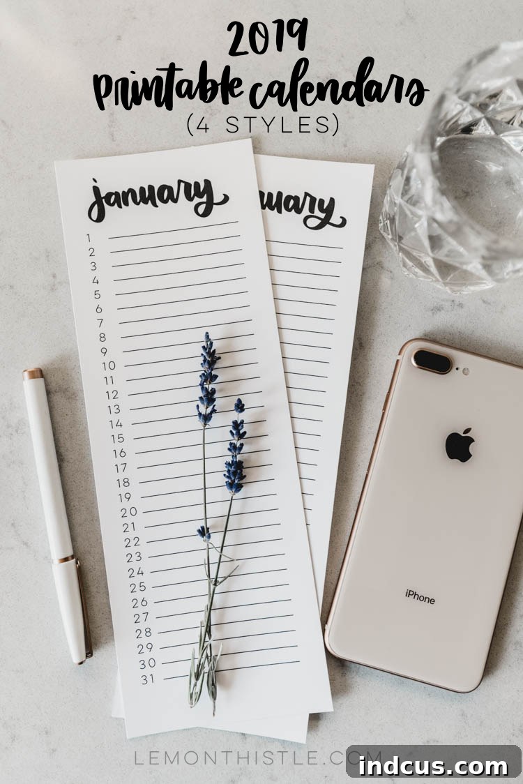 A collection of four diverse hand-lettered calendar styles for 2019 from Lemon Thistle, offering unique typographic designs ranging from playful to elegant, catering to varied tastes.