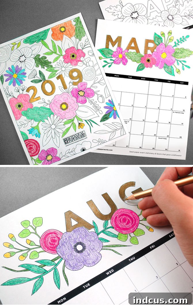 An engaging coloring calendar for 2019 from Botanical Paper Works, featuring intricate designs for each month that users can color in, providing a relaxing and personalized planning experience.
