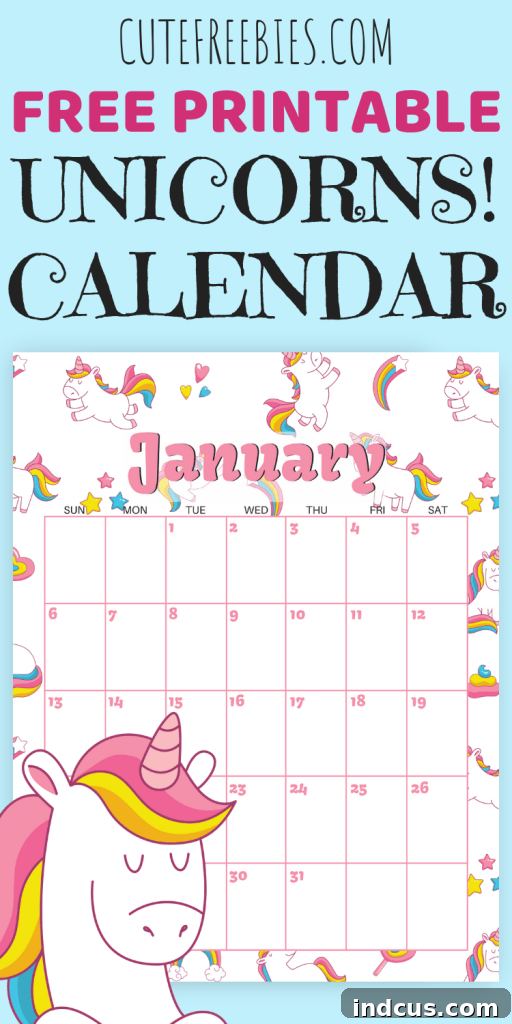 A delightful unicorn-themed 2019 calendar from Cute Freebies, adorned with magical unicorn illustrations and whimsical elements, perfect for fantasy lovers and children.