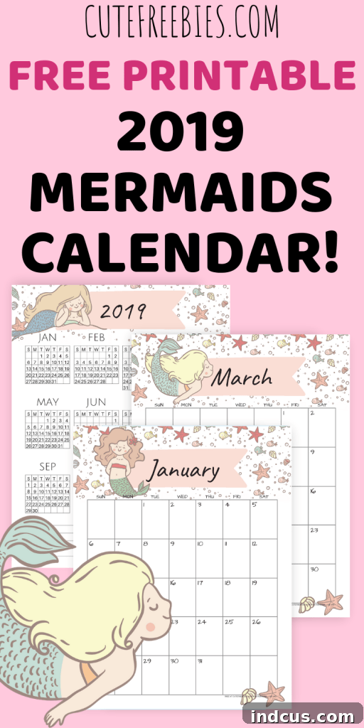 A charming Little Mermaid calendar for 2019 from Cute Freebies, depicting beloved underwater scenes and characters, ideal for fans of fairy tales and ocean themes.