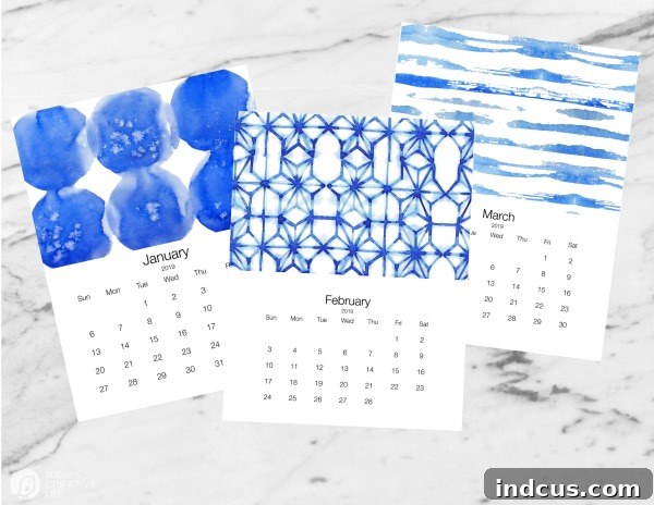 A stylish Shibori calendar for 2019 from Today’s Creative Life, featuring unique indigo-dyed patterns that add a trendy and sophisticated aesthetic to personal organization.