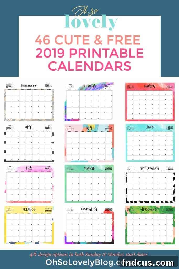 A versatile Oh So Lovely mix and match calendar for 2019, featuring various playful patterns and colors that can be combined to create a unique and personalized monthly planner.