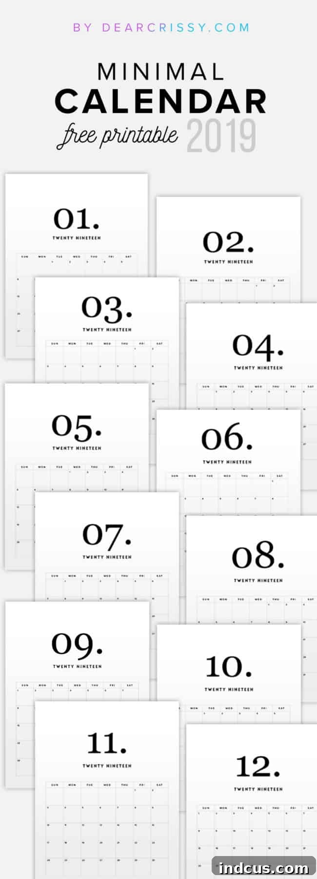 A sleek and minimalist calendar for 2019 from Dear Crissy, designed with clean lines and a simple layout to help focus on essential planning without distractions.