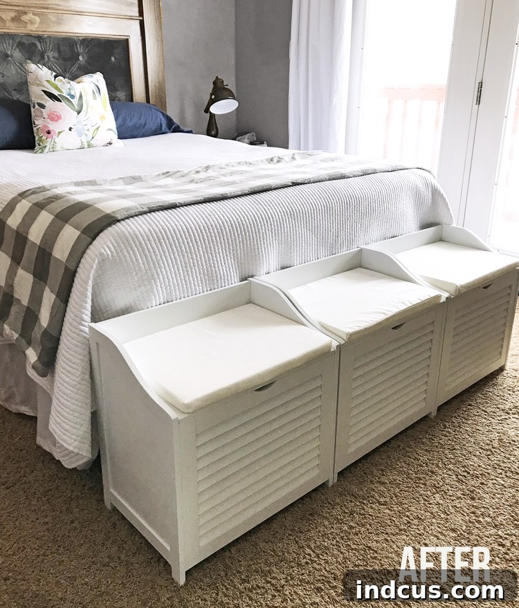 Compact Bedroom Seating with Laundry Storage 3 laundry hamper cabinets