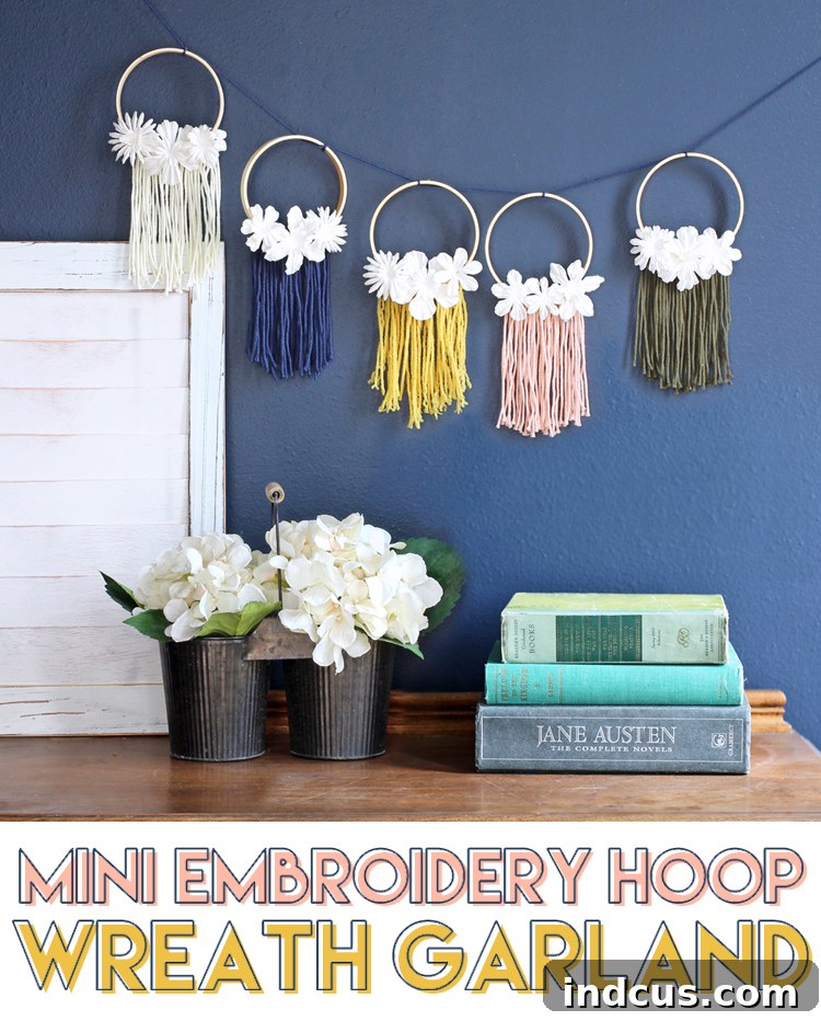 Large, inspiring image of the completed mini embroidery hoop wreath garland craft tutorial, perfect for pinning